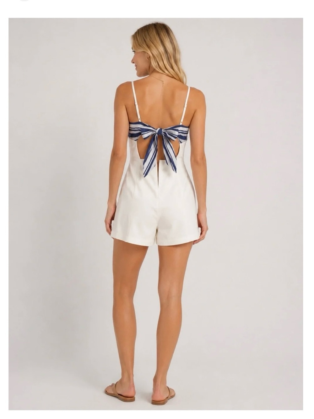 White Zara Romper with Sweetheart Neckline and Striped Tie-Back
